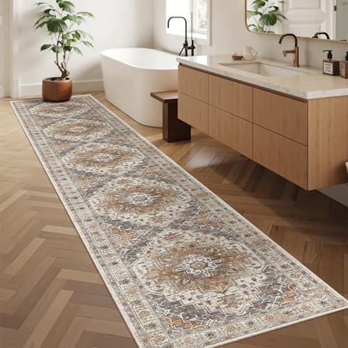 Madane Washable Runner Rug 2x12 Ft Turmeric & Grey Non-Slip Hallway Carpet