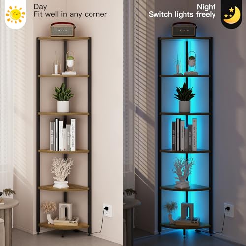 Rustic Brown 6-Tier Corner Shelf with LED Lights - 65 Inch Tall Narrow Storage Rack