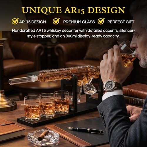 AR15 Gun Whiskey Decanter Set with Scope - Limited Edition Bullet Glasses Gift