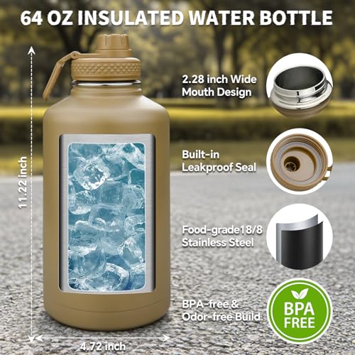 64oz Insulated Water Bottle with MOLLE Pouch - Tactical Half Gallon Jug, Camo