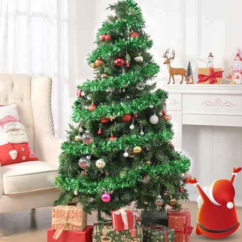 BLEUM CADE 32.8Ft Christmas Tinsel Garland, Green Tinsel Garland for Xmas Tree Decorations Holiday Birthday Wedding Party Supplies