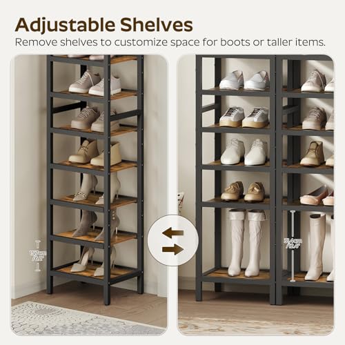 12-Tier Tall Wooden Shoe Rack - Space Saving Vertical Organizer, Rustic Brown & Black, 11x11x85.8 Inches
