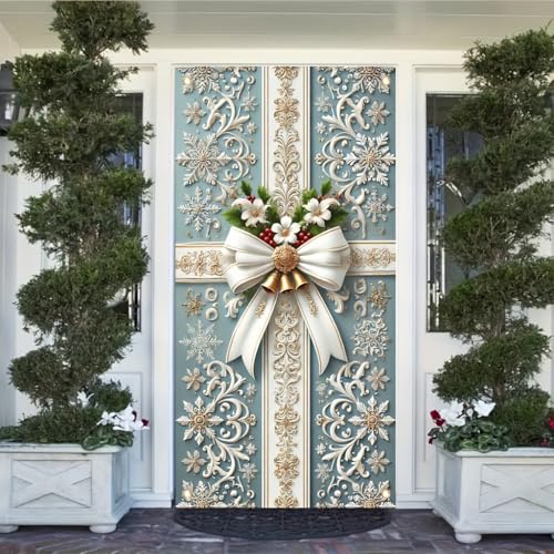 Christmas Door Cover Elegant White Bow Flowers Gold Bells 71x35 Inch - TOMHONG, Variation: Christmas Elegant Bow