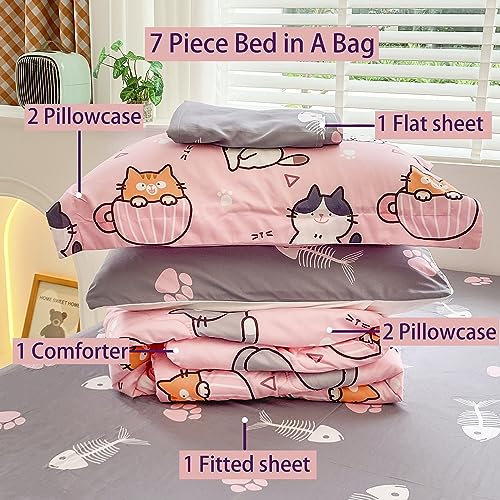 7 Piece Girls Cats Bedding Comforter Set Twin Size for Kids Bed in A