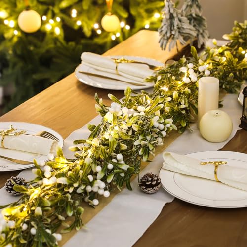 Janinka 4-Pack 24ft LED Christmas Mistletoe Garland with White Berries