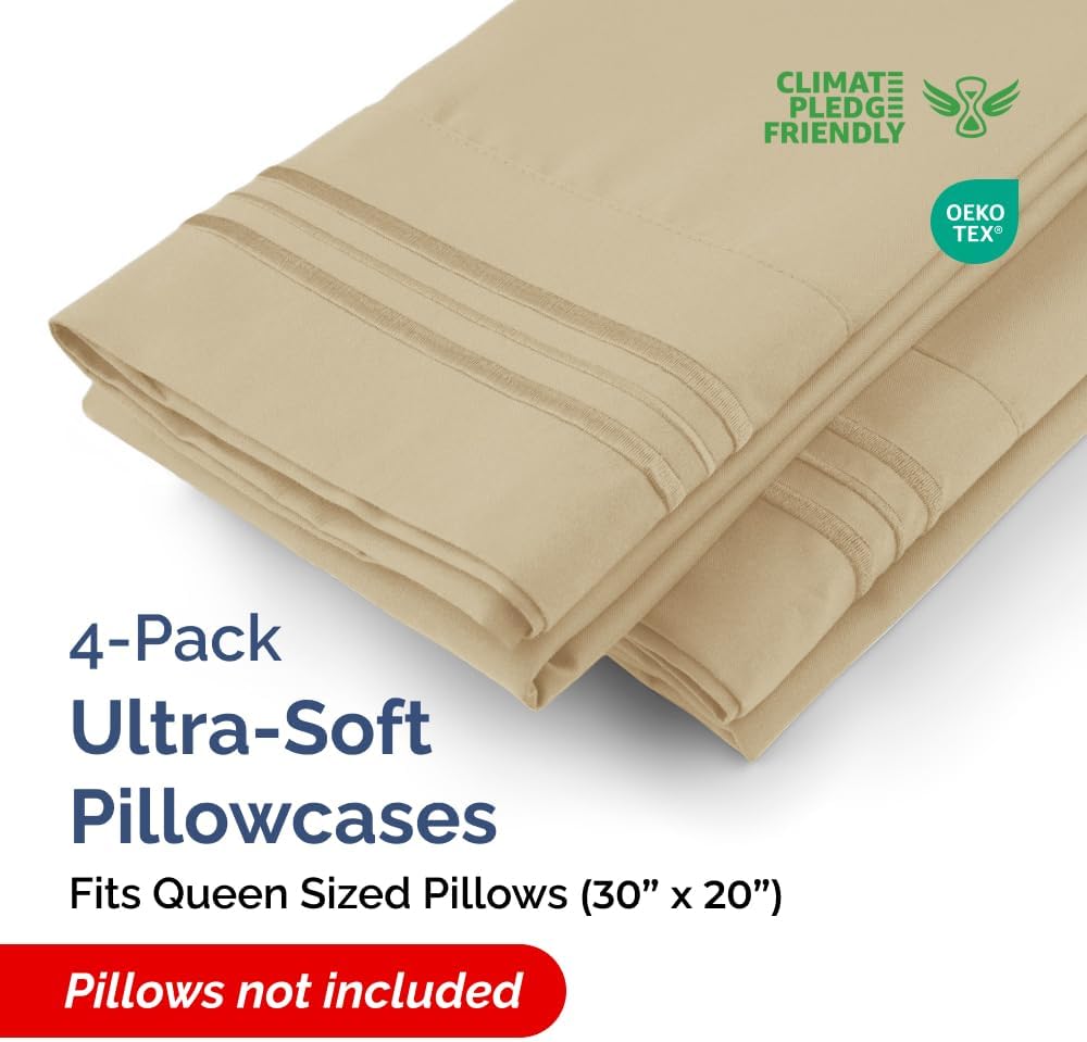 Skiennix Queen Pillow Cases Set of 4 | Ultra Soft Hotel Quality, Wrinkle-Free & Fade Resistant - Beige