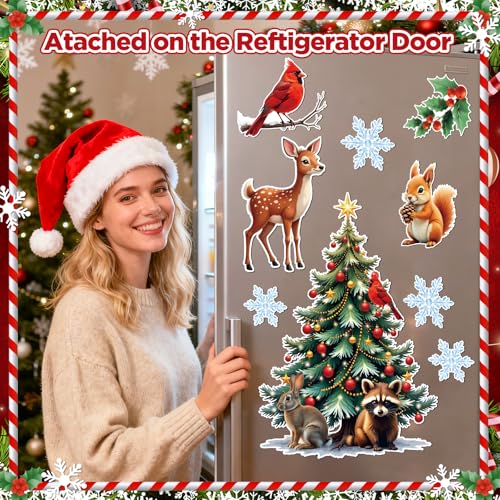 Christmas Magnet Set - 10 Holiday Refrigerator & Dishwasher Decorations with Woodland Creatures & Snowflakes