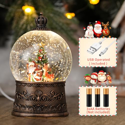 Qukulov Santa Snow Globe with Reindeer - Light Up 8-Carol Music, USB/Battery Operated