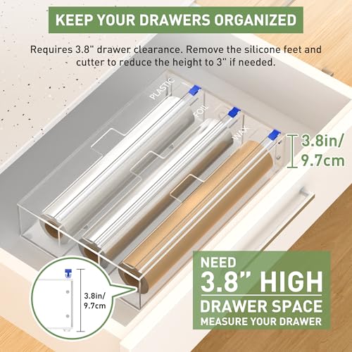 3-in-1 Acrylic Foil & Plastic Wrap Organizer with Cutter - Wall Mount or Drawer