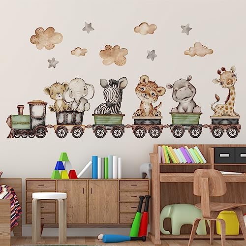 Yovkky Baby Safari Animals Train Wall Decals Stickers, African Jungle Elephant Zebra Giraffe Hippo Lion Leopard Cheetah Neutral Nursery Toddler Decor, Kids Room Home Decorations Bedroom Playroom Art