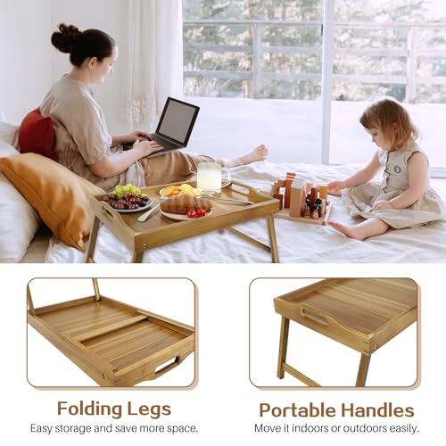 Large Acacia Bed Tray Table with Foldable Legs for Breakfast, Reading, and Laptop Use