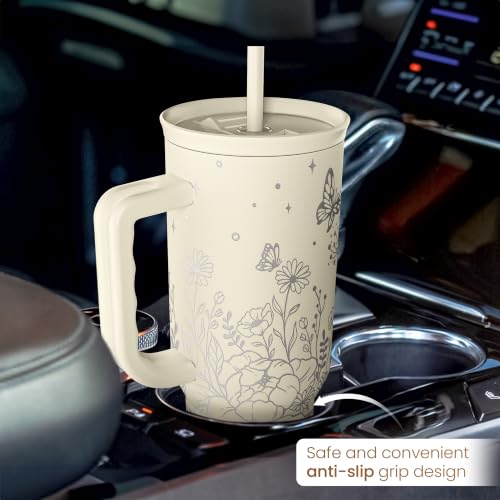 Floral 40oz Insulated Stainless Steel Travel Mug with Handle for Coffee & Drinks - Gift for Women & Girls