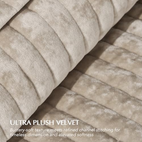 EverGrace King Size Velvet Quilt Set Beige Taupe Luxury Channel Stripe Bedding
