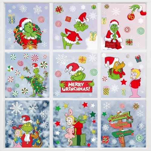 Christmas Window Clings Decorations for Window Glass, Large Xmas Green Red Stickers Decals Decor 9 Sheets Reusable Double Sided Window Stickers, Merry Christmas Gel Decals Indoor Party Supplies