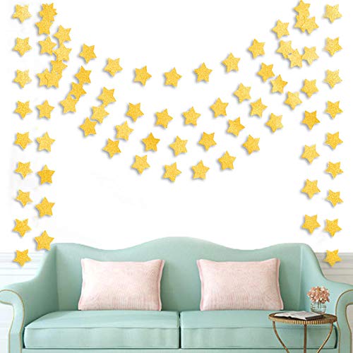 6 Pcs Gold Glitter Star Paper Garland Twinkle Bunting Banner Hanging Decorations for Christmas Birthday Party Golden Sparkling Stars for Bridal Showers Wedding Baby Shower Holiday Supplies (50 Feet)
