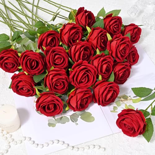 Red Artificial Roses 50 Pcs - Real Touch Velvet Flowers for Home Decor and Gifts