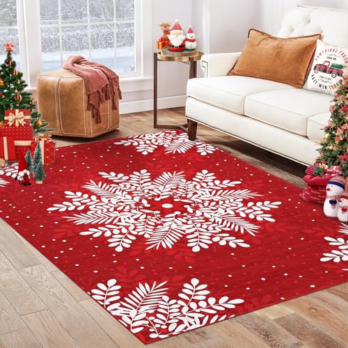 GarveeHome Christmas Snowflake Area Rug 6x9 ft Red Washable Non-Slip Low Pile