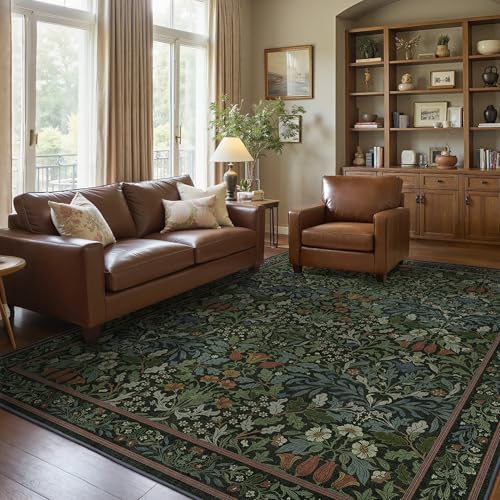 Vintage Floral Washable Area Rug - Forest Green 8' x 10' Rectangular