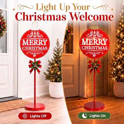 Merry Christmas Round LED Sign with Battery-Powered Outdoor Decor