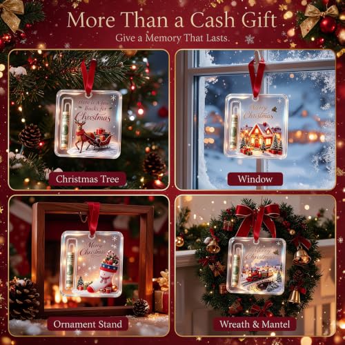 10Pcs Christmas Cash Gift Ornament - Acrylic Money Holder, Santa/Reindeer/Tree Designs, Gift Ready
