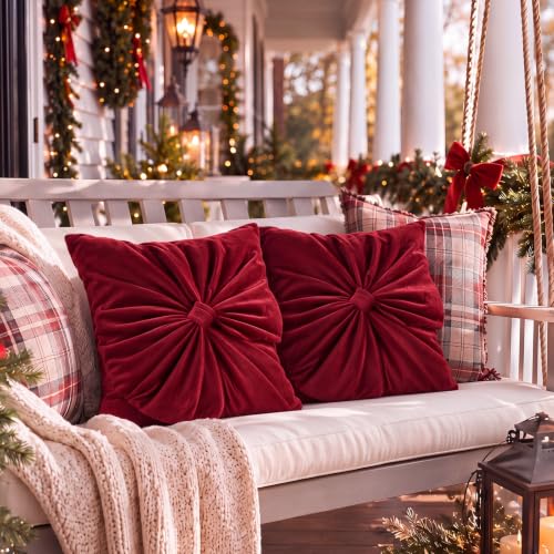Leinuosen Red Christmas Velvet Pillow Cover with Bow - 18x18 Inches