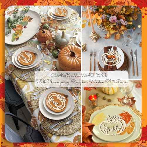 24 Pcs Fall Thanksgiving Pumpkin Wooden Plate Decor Cutouts Thankful Blessed Place Cards Wood Signs Hanging Ornament Table Decorations for Autumn Harvest Home Tabletop Plate Supplies