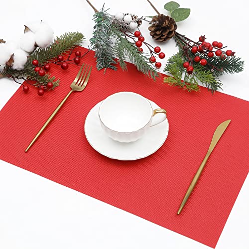 SHACOS Set of 6 Red Woven Vinyl Christmas Placemats - Indoor & Outdoor Table Decor