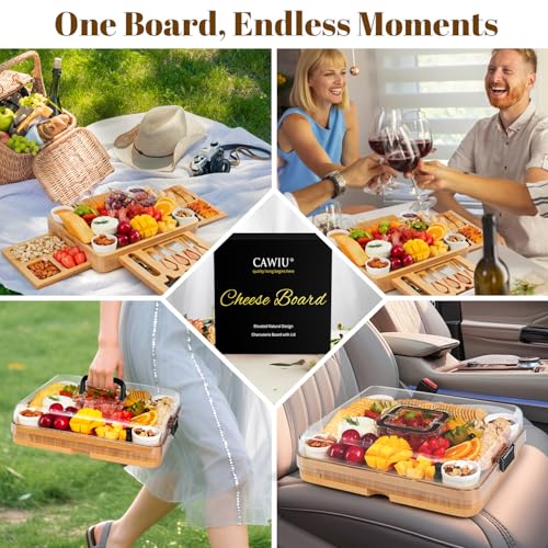Large Bamboo Charcuterie Board Set with Lid, Drawers & Accessories - Black