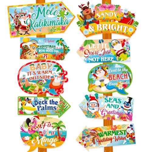 HOWAF 20pcs Funny Tropical Christmas Party Sign, Hawaii Christmas Decoration Directional Sign, Beach Santa Holiday Party Photo Booth Props Kit, Beach Santa Holiday Party Sign with Wood Sticks