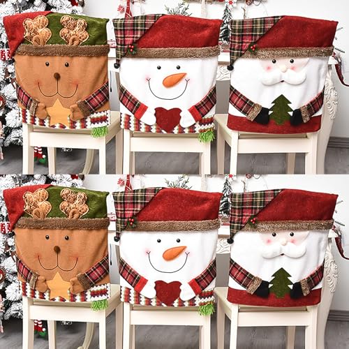 6 Pcs Christmas Chair Back Covers Set – Santa, Snowman & Reindeer Slipcovers