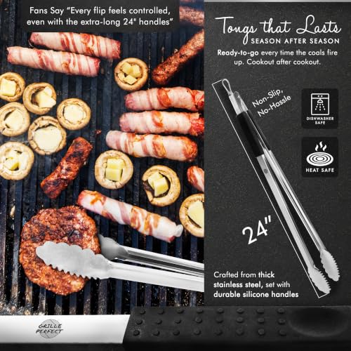 24-Inch Heavy Duty BBQ Grill Tongs - Long Stainless Steel Grilling & Cooking Utensil