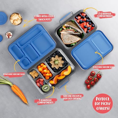 AOHEA Blue Stainless Steel Kids Bento Lunch Box 33oz 5 Compartments BPA-Free
