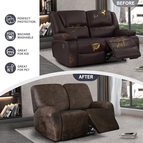 ANARACHON Brown 2-Seater Leather-Look Recliner Loveseat Cover, 6-Piece Stretch Slipcover