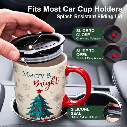 Topadorn 17oz Christmas Tree Ceramic Travel Mug with Lid - Merry & Bright