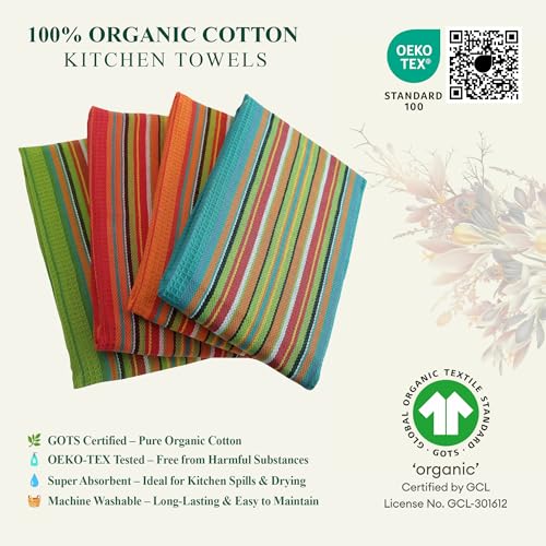 Set of 12 Salsa Stripe Kitchen Dish Towels - 100% Cotton Large Absorbent Waffle Tea Towels for Cooking & Drying