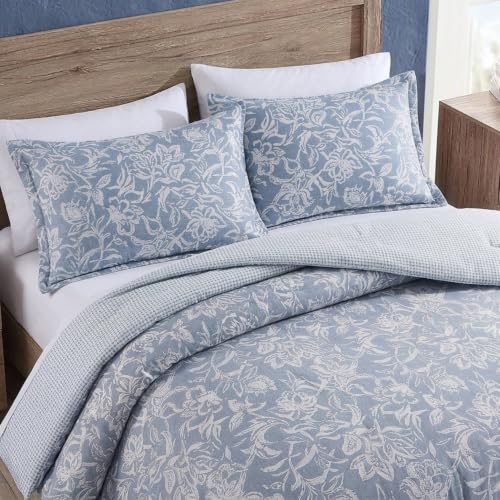 Queen Size Cotton Comforter Set with Matching Shams - Reversible Floral & Basketweave Design, Tortola Blue