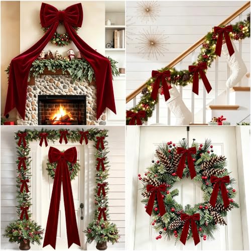 Memgift Burgundy Velvet Christmas Bow Set with 20"x71" Topper & 12 Small Bows - Holiday Tree Decorations