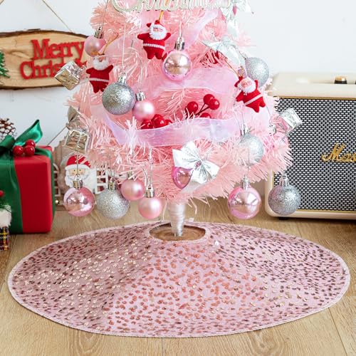 Christmas Tree Skirt, 18 inch Sparkly with Faux Fur Plush mini Christmas Tree Skirt, Christmas Tree Base Mat Thin Velvet Rugs for Xmas Party Home Decorations (Pink)