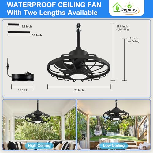 Depuley 20-Inch Black Outdoor Hanging Ceiling Fan with Light & App Remote - Waterproof Gazebo Fan with Reversible DC Motor