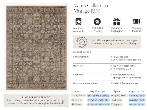 Washable Brown Area Rug 8x10 for Living Room - Non-Slip Vintage Carpet - HUGEAR