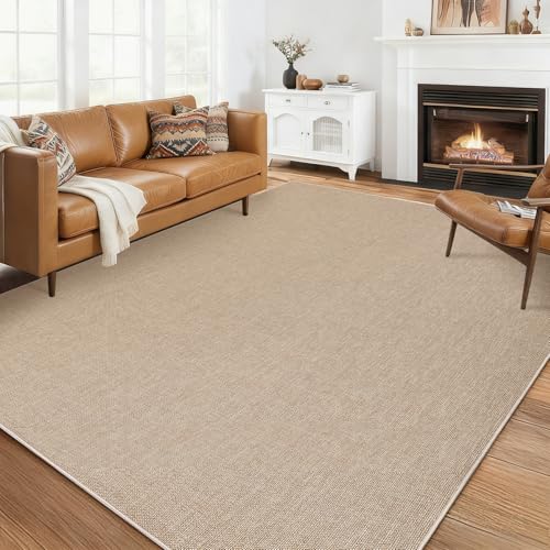 Garvee Modern Washable Solid Rug 8x10 ft Tan for Living Room - Non-Slip, Low-Pile Area Rug