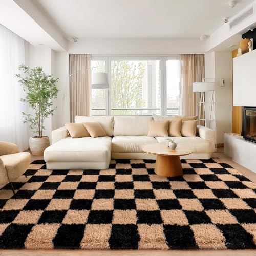 8x10 Black & Beige Fluffy Checkered Rug - Soft Microfiber Living Room & Bedroom Accent with Anti-Slip Backing - Variation: Black & Beige / 8' x 10'
