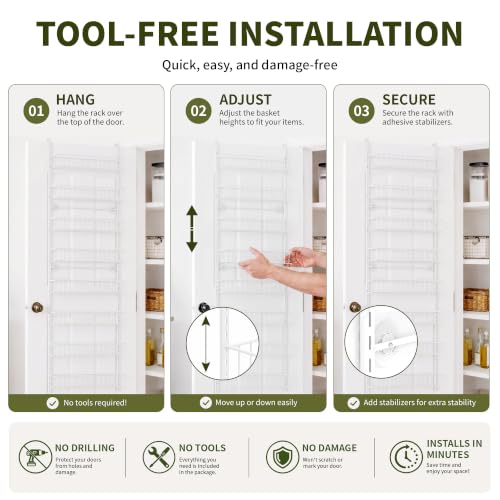ElegantArray 8-Tier Over-the-Door Pantry Organizer - White, Adjustable Hanging Storage Basket