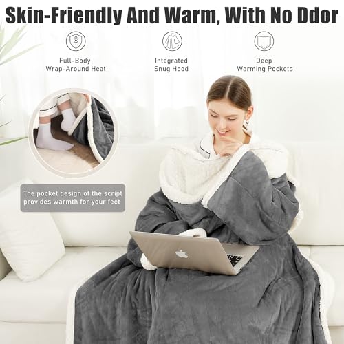 Wearable Heated Blanket with Foot Pocket & Hood - 50x70 Dark Gray, 6 Heat Settings, Auto Shut-Off, Machine Washable