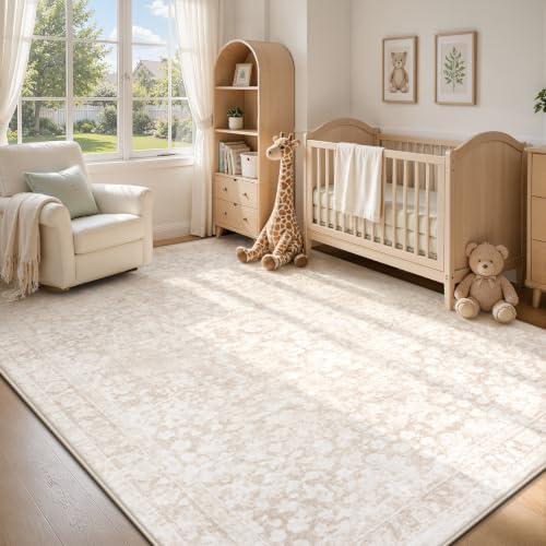 Beige 6'x9' Boho Vintage Washable Non-Slip Area Rug - Soft Stain-Resistant Indoor Carpet for Living Room, Bedroom, Nursery, Office