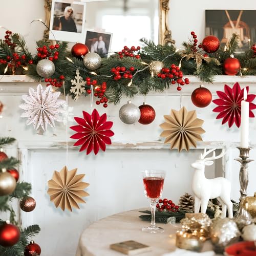 Balun Admhail 9Pcs Red White Brown Snowflake Paper Ornaments – Christmas Hanging Fans (Variation: Red and White)
