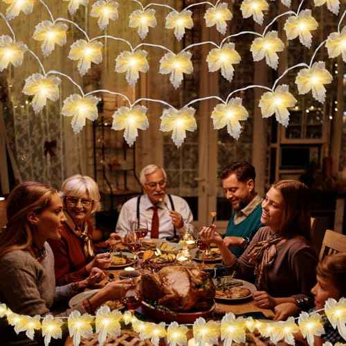 Fall Leaf Garland with Lights Decoration - 2 Pack Thanksgiving Gray Fall String Light Battery Operated Total 20 Ft 40 LED Lamp Bead 40 Dried Leaf Suitable Indoor Outdoor Home Harvest Festival Wreath