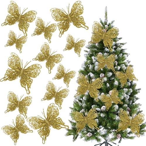 Gold Glitter Butterfly Decorations for Christmas Tree & Holiday Wreaths - 12 Pack, 5 Inch 3D Hollow Ornaments with Clips & Stems