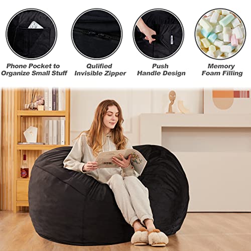 Black 3Ft Velvet Bean Bag Chair for Adults with Memory Foam Filling - Plush Lazy Sofa