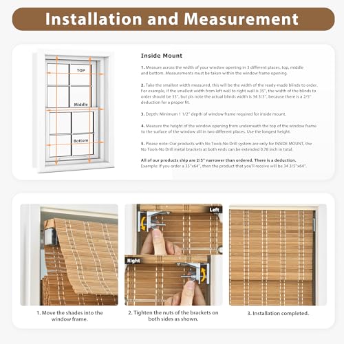 LazBlinds No Drill Bamboo Roman Shades 46.5" W x 48" H Eastfield Teak Light Filtering